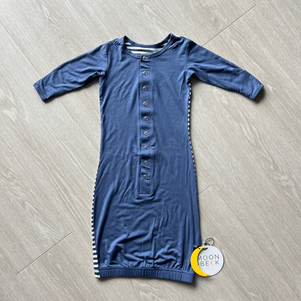 Moon + Beck Newborn Gown 0-3 Monts Blue Solid and Striped Bamboo Viscose
